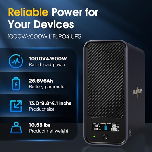 GOLDENMATE 1000VA/600W Lithium UPS Battery Backup, Pure Sine Wave System, LiFePO4 Battery with 8 NEMA Outlets, USB Communication, LCD Display, Gray