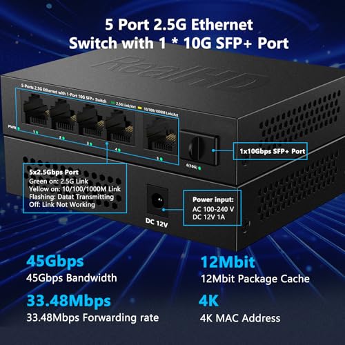 Real HD 5 Port 2.5Gb Switch Unmanaged RJ45 SFP+ Network Adapter 15Gbps Metal