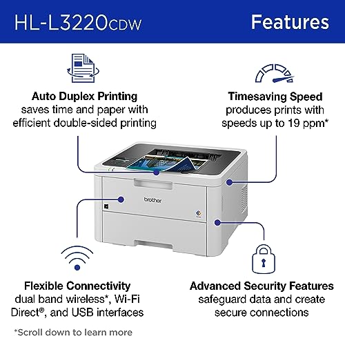 Brother HL-L3220CDW Laser Printer, Color, 2400 x 600 dpi, Auto-Duplex, Network-Ready, 19 ppm