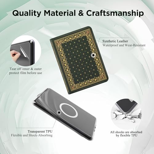 Vane Oak 7" Kindle Paperwhite Case with Auto Sleep/Wake, Magnetic Detachable, Slim PU Leather, Ornate Green