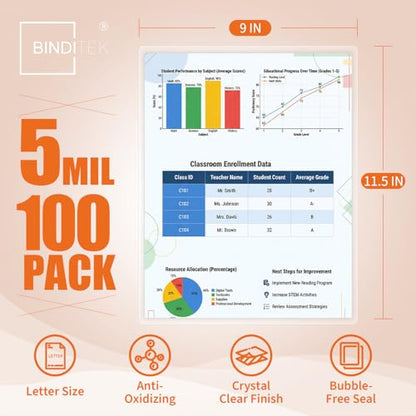 Binditek 11.5" x 9" Laminating Sheets 100 Pack Clear Glossy
