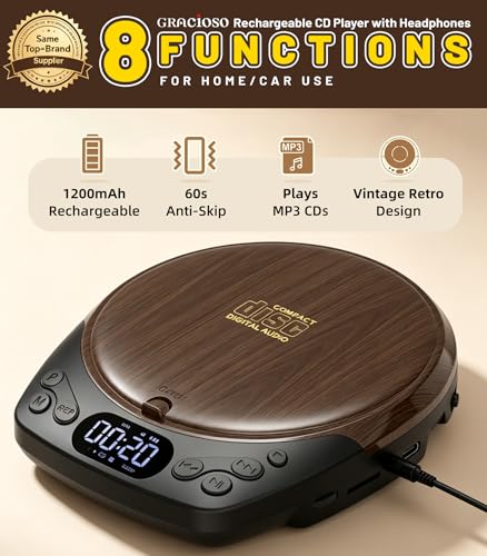 Gracioso 5.2" CD-40 Portable CD Player with Rechargeable Battery, AUX Connectivity