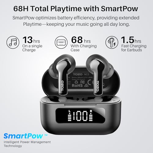 TOZO NC3 Wireless Earbuds Model T11141 with Active Noise Cancelling and ENC Microphone