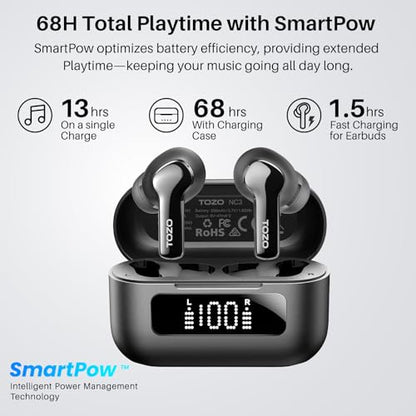 TOZO NC3 Wireless Earbuds Model T11141 with Active Noise Cancelling and ENC Microphone