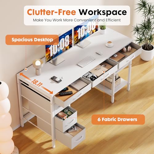 Sweetcrispy 47 Inches Computer Desk with 6 Drawers SWYMHJ2-D6BC-47WT