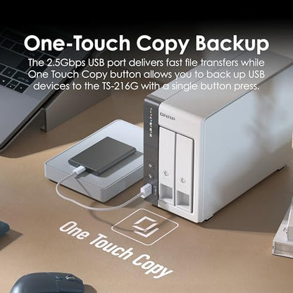 QNAP 2-Bay TS-216G-US Diskless NAS Ethernet Connectivity 2.5GbE 4GB DDR4 AI Acceleration