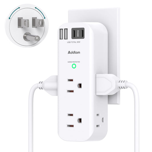 Addtam 10-Outlets Wall Mounted Power Strip 125 Volts Surge Protector 1800J