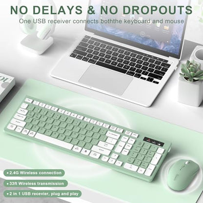 RECCAZR Full-Sized Wireless Keyboard and Mouse Combo 2.4GHz USB Receiver Light Green USB