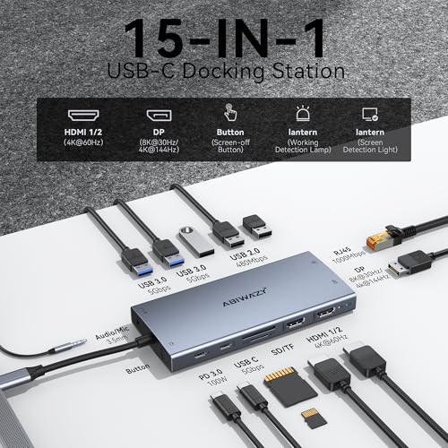 ABIWAZY 15-in-1 USB C Docking Station with Dual HDMI 4K, DisplayPort 8K, 100W PD, Ethernet, Audio, SD/MicroSD, Model AB026