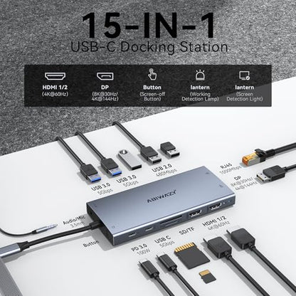 ABIWAZY 15-in-1 USB C Docking Station with Dual HDMI 4K, DisplayPort 8K, 100W PD, Ethernet, Audio, SD/MicroSD, Model AB026