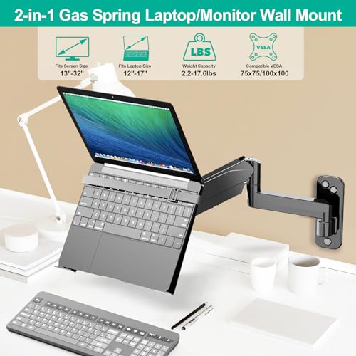 UPGRAVITY Laptop Wall Mount 2-in-1 Gas Spring Holder VESA Compatible 12-17 inch Notebook 13-32 inch Monitor Adjustable