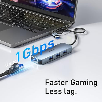 BENFEI USB-C to Gigabit Ethernet Adapter 000386grey 5Gbps Hub 3 Ports Silver Adapter