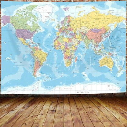 ICTEISOM 60" x 40" Tapestry Wall Hanging, Educational World Map, Fabric, Indoor Use, Rectangular, Unframed, Blue