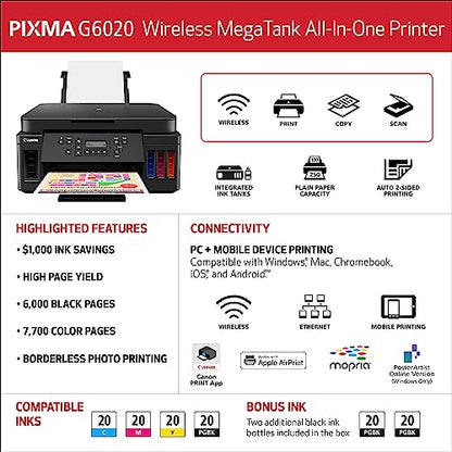 Canon PIXMA G6020 4800 x 1200 Color Inkjet Printer, Wireless, All-in-One