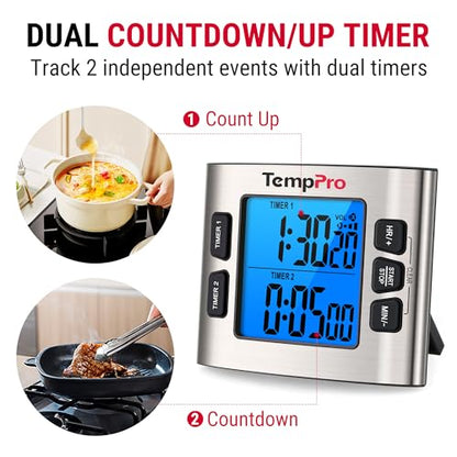 TempPro TM02 24-Hour Digital Timer 2 Countdown 1.5" LCD Display Stainless Steel Timer