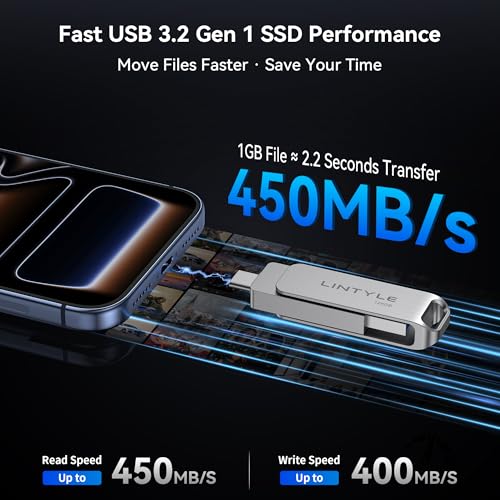 LINTYLE 128GB External SSD NAND Flash Drive, 450MB/s Read Speed, USB 3.2 Gen 1, Dual Connector: USB Type-C & Type-A, Silver, External Storage Device