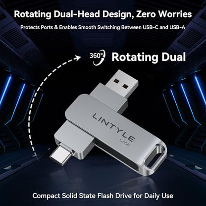 LINTYLE 128GB External SSD NAND Flash Drive, 450MB/s Read Speed, USB 3.2 Gen 1, Dual Connector: USB Type-C & Type-A, Silver, External Storage Device