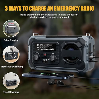 Pristar 6.5" Hand Crank Weather Radio 10000mAh Solar Powered NOAA AM/FM