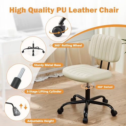 Sweetcrispy 193-WT-2H2 Beige PU Leather Armless Office Desk Chair - Adjustable Height, 250 lbs Maximum Weight Capacity, 360° Swivel