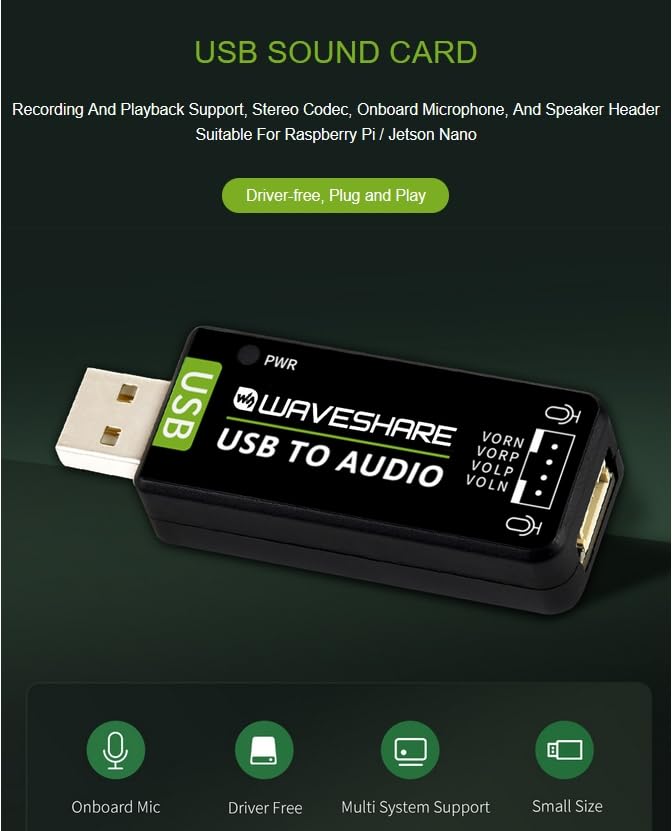 Wonrabai USB Sound Card WAVESHARE USB Sound Card 48kHz Stereo USB Audio Adapter
