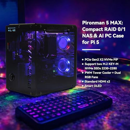 SunFounder Pironman 5 MAX Raspberry Pi 5 Case Dual NVMe M.2 SSD PCIe Gen2 Bottom Mount Air Cooling