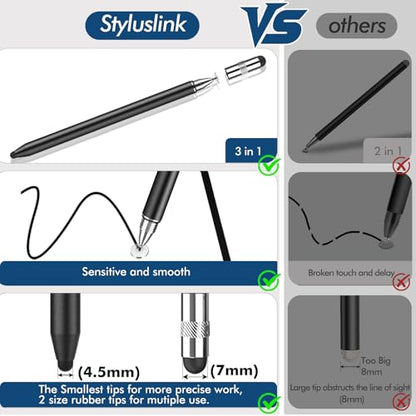 STYLUSLINK 3-in-1 Fiber Stylus Pen with Rubber Disc, Compatible with iPhone, iPad, Android and All Touchscreens
