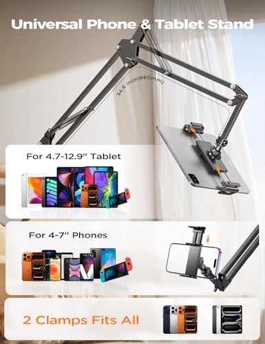 LISEN 2E41 Tripod Mount Adjustable Tablet and Phone Holder for Devices 4-13 Inches