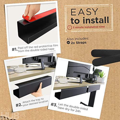Scandinavian Hub Under Desk Cable Management Tray, 2 Pack, Self-Adhesive, Black