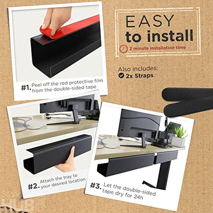 Scandinavian Hub Under Desk Cable Management Tray, 2 Pack, Self-Adhesive, Black