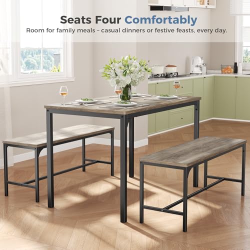 DUMOS 3PCS DUZYT Dining Table Set for 4 with Bench, Grey