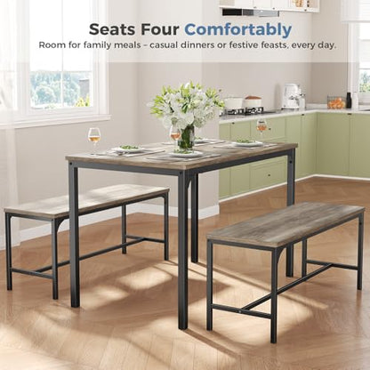 DUMOS 3PCS DUZYT Dining Table Set for 4 with Bench, Grey