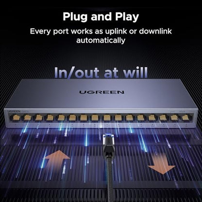 UGREEN 16-Port Ethernet Switch, Unmanaged Network Splitter, Self-Adjusting Ports, Metal Case, DC 12V Power Adapter