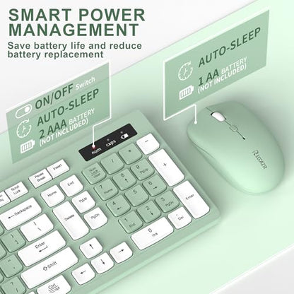 RECCAZR Full-Sized Wireless Keyboard and Mouse Combo 2.4GHz USB Receiver Light Green USB