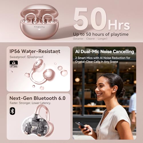 Kinglucky A8 Wireless Headphones Bluetooth 6.0 Open Ear with 50H Playtime, IP56 Waterproof