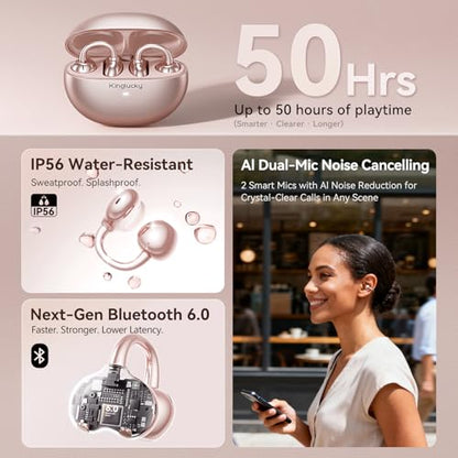 Kinglucky A8 Wireless Headphones Bluetooth 6.0 Open Ear with 50H Playtime, IP56 Waterproof