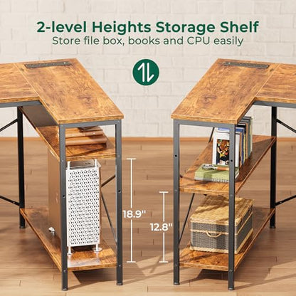 Huuger 47 inch L-Shape Computer Desk with Power Outlets, 3 Drawers, 2 Shelves, Rustic Brown