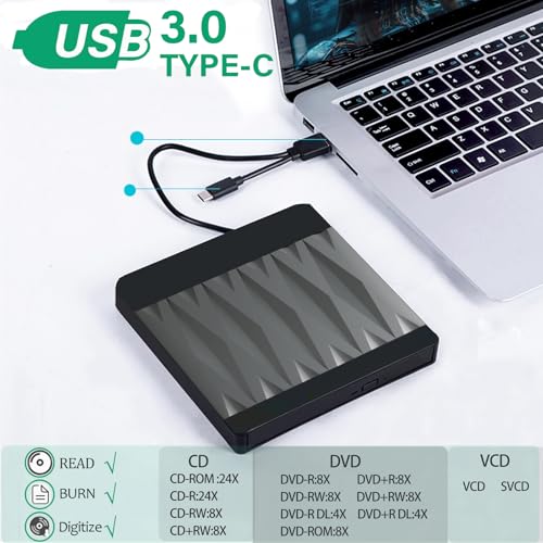 gingo 1.85" x 1.85" x 0.82" Diamond DVDR3 USB 3.0 Type-A & Type-C External CD/DVD Drive