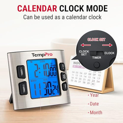 TempPro TM02 24-Hour Digital Timer 2 Countdown 1.5" LCD Display Stainless Steel Timer