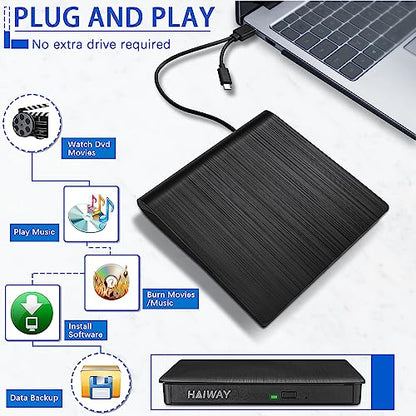Haiway External CD/DVD Drive 8541609077 USB 3.0 Type-C Optical Burner Portable Slim