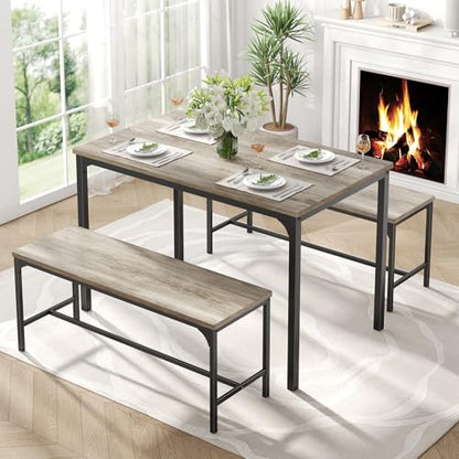 DUMOS 3PCS DUZYT Dining Table Set for 4 with Bench, Grey