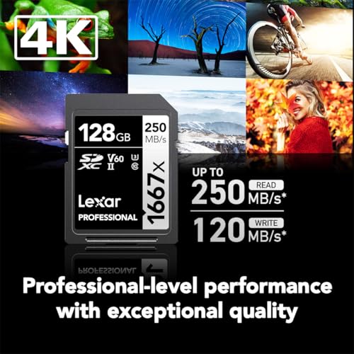 Lexar 128GB LSD128CBNA16672 SDXC Memory Card, UHS-II, Class 10, Up to 250 MB/s Read Speed