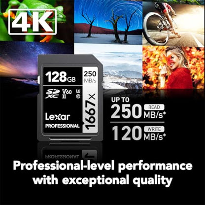 Lexar 128GB LSD128CBNA16672 SDXC Memory Card, UHS-II, Class 10, Up to 250 MB/s Read Speed