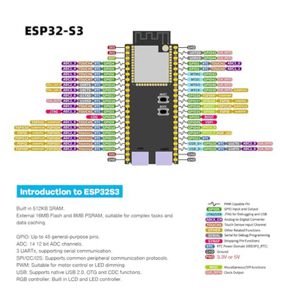 Hosyond ESP32-S3 Development Board N16R8 240MHz 16MB Flash 8MB PSRAM Dual-Mode Wi-Fi Bluetooth