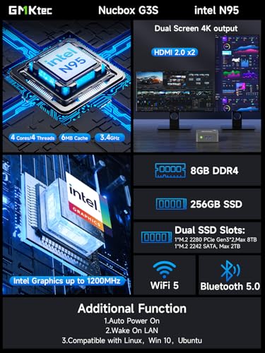 GMKtec Mini PC 8GB DDR4 256GB SSD Dual HDMI 4K