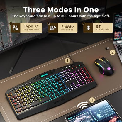 Redragon S101MKS 2.4G Bluetooth Wired Ergonomic Keyboard and Mouse QWERTY Black-New