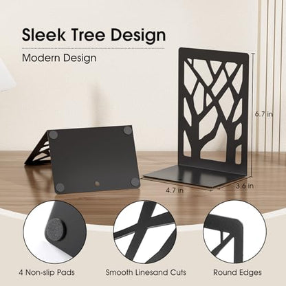MaxGear 4-Piece Bookends Heavy Duty Metal Book Storage Non-Skid Design Model Number: MaxGear-Tree Design-Bookends