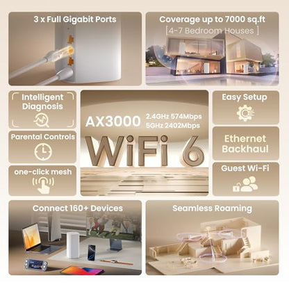 Tenda 3 Count MX12-3-NEW Wi-Fi 6 AX3000 Dual-Band Wireless Mesh System, 7000 sq. ft Coverage, 2976 Mbps Data Transfer Rate