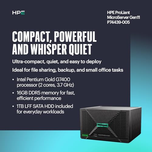 Hewlett Packard Enterprise ProLiant MicroServer Gen11 1TB HDD, 16GB Memory, 3.7GHz Processor, Tower Server
