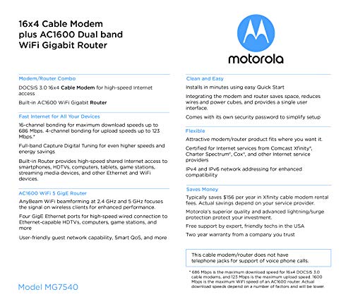 Motorola MG7540 4 Ports Dual-Band Router 686 Mbps 10/100/1000 Ethernet Modem