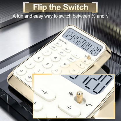 VEWINGL 12 Digit Standard Function Calculator, LCD Display, Battery Powered, Electroplated White, Model JN-900